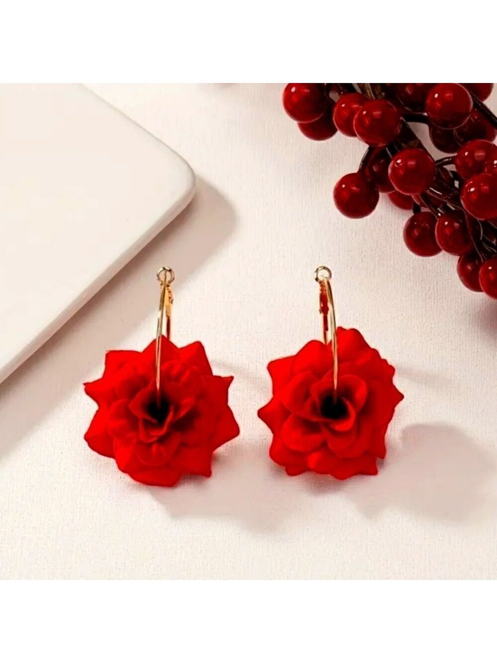 Hoop Earrings with Elegant Red Flower Design Unique and Bohemian Style